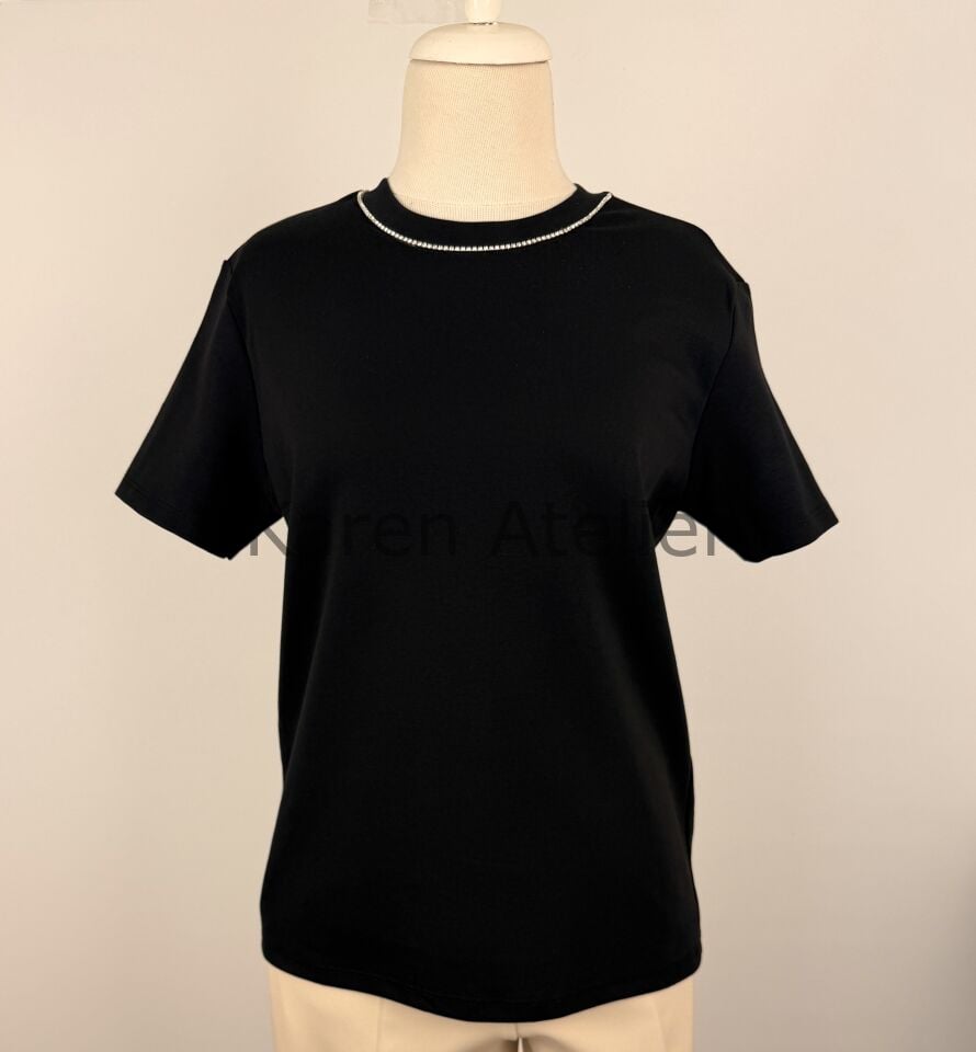 BİS YAKA TAŞ DETAYLI TSHİRT SİYAH 4588