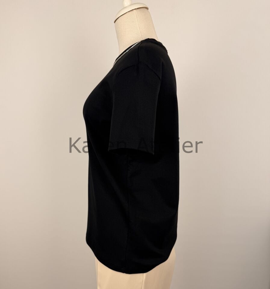 BİS YAKA TAŞ DETAYLI TSHİRT SİYAH 4588