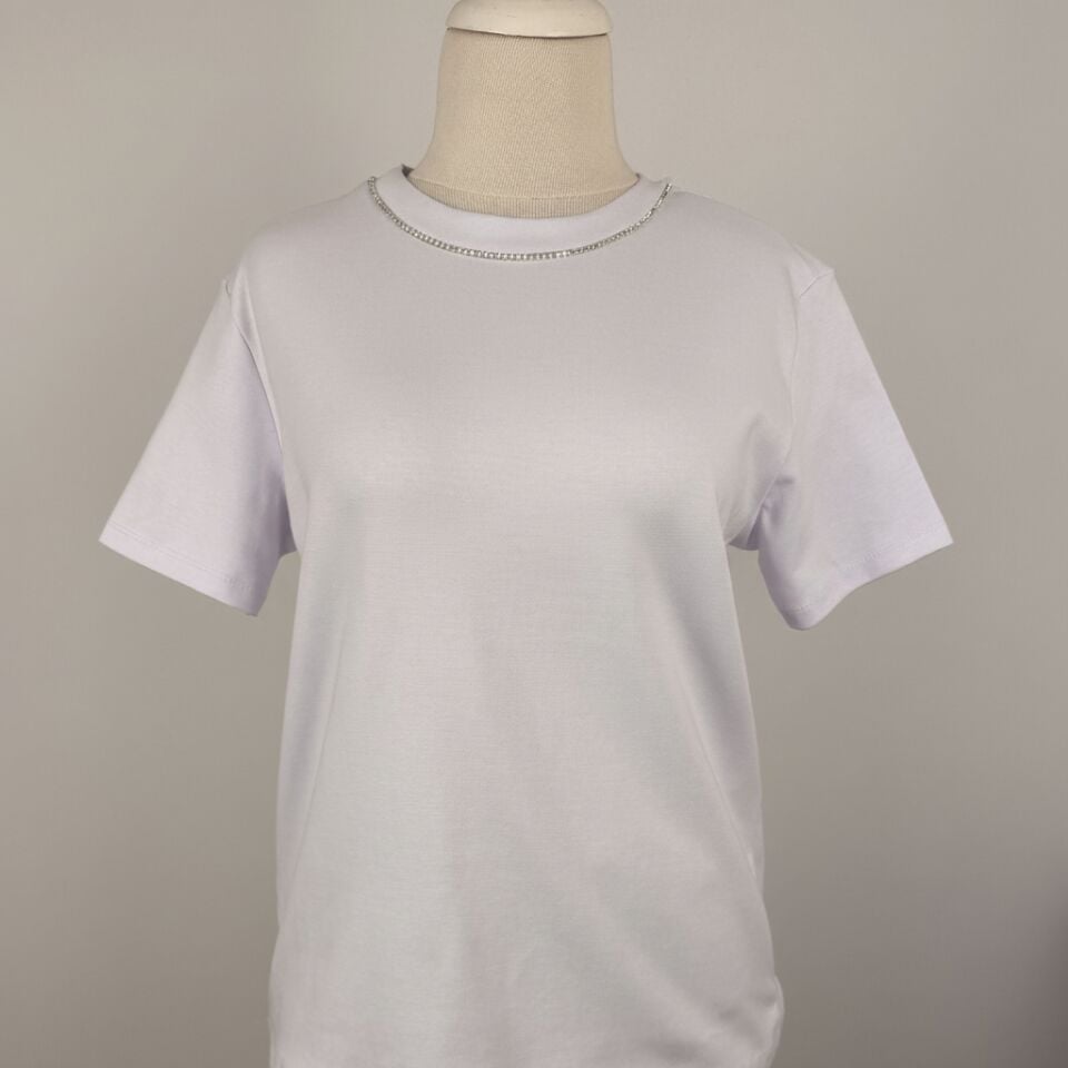 BİS YAKA TAŞ DETAYLI TSHİRT BEYAZ 4588