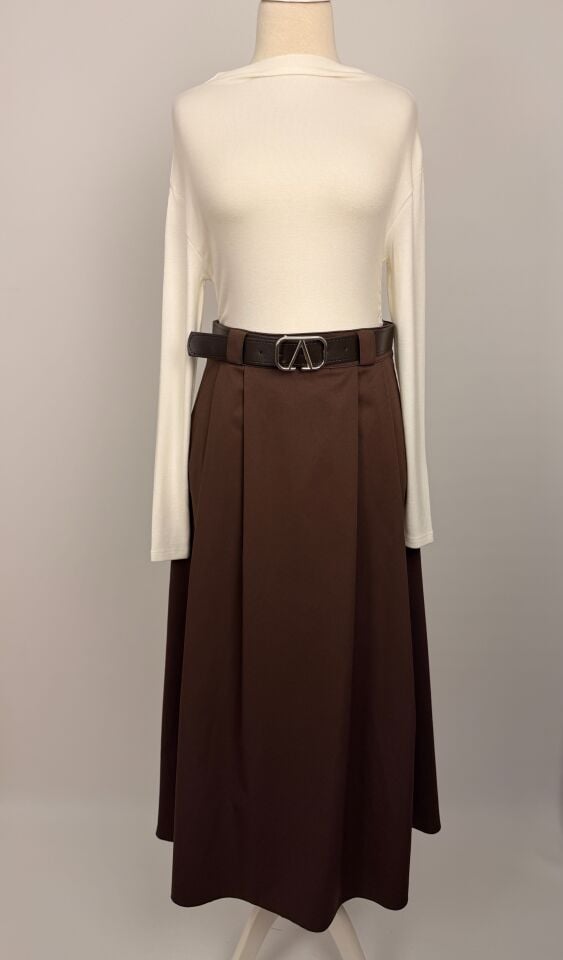 KEMERİ TOKA DETAYLI EVAZE KETEN ETEK KAHVERENGİ 244