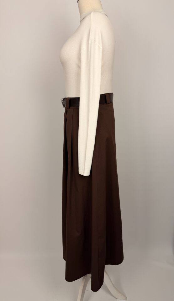 KEMERİ TOKA DETAYLI EVAZE KETEN ETEK KAHVERENGİ 244