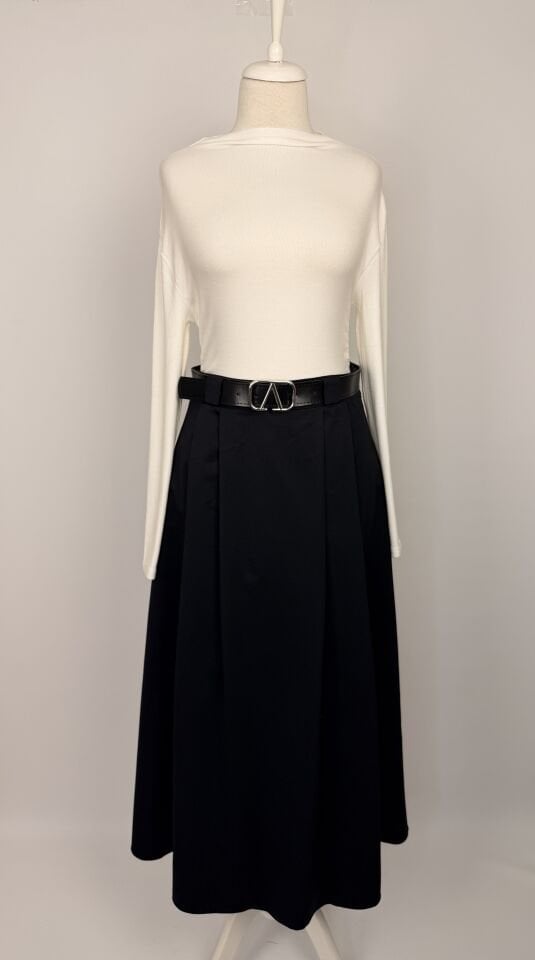 KEMERİ TOKA DETAYLI EVAZE KETEN ETEK SİYAH 244