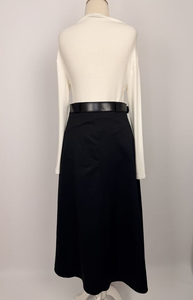 KEMERİ TOKA DETAYLI EVAZE KETEN ETEK SİYAH 244